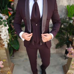 Costum grena NASMIRE Sacou Pantalon Vesta Cravata C4973 8