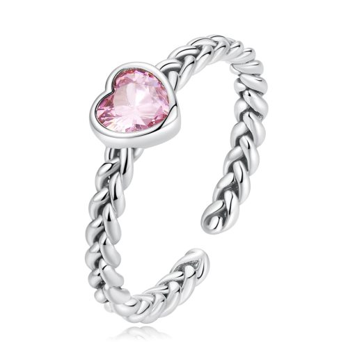 Inel reglabil din argint Braided Pink Heart-Inele >> Inele din argint