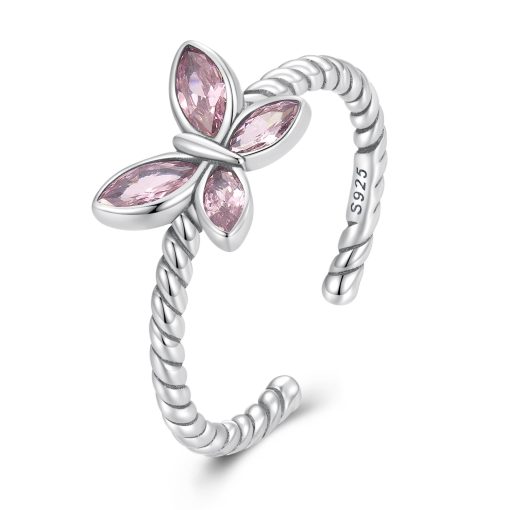 Inel reglabil din argint Pink Crystal Butterfly-Inele >> Inele reglabile