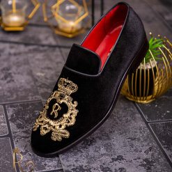 Loafers de barbati negri catifea broderie aurie P1771 4