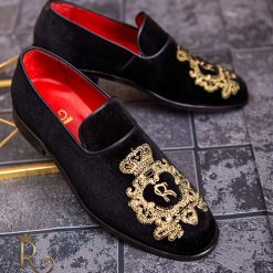 Loafers de barbati negri catifea broderie aurie P1771 5