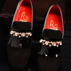 Mocasini loafers din piele naturala intoarsa cu pietre stralucitoare aurii P1118 5