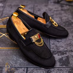 MocasiniLoafers negri din catifea cu accesoriu metalic auriu P1057 4