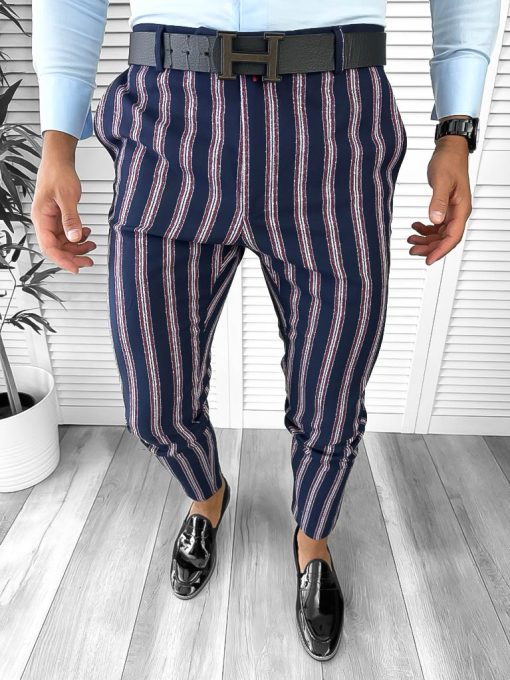 Pantaloni barbati eleganti bleumarin cu dungi B1603 15-4 e ~-Pantaloni > Pantaloni eleganti