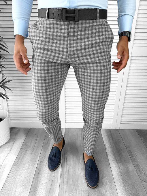 Pantaloni barbati eleganti gri in carouri B1886 18-2 E ~-Pantaloni > Pantaloni eleganti