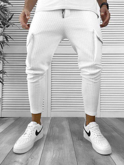 Pantaloni de trening albi conici 12372 P18-3.3-Pantaloni > Pantaloni de trening