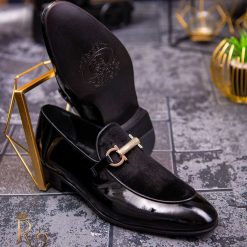 Pantofi Loafers de barbati negri din piele naturala si catifea P1394 2
