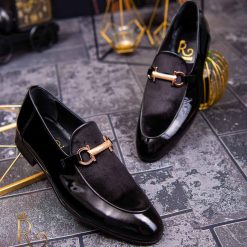 Pantofi Loafers de barbati negri din piele naturala si catifea P1394 3