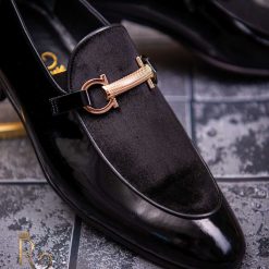 Pantofi Loafers de barbati negri din piele naturala si catifea P1394 4