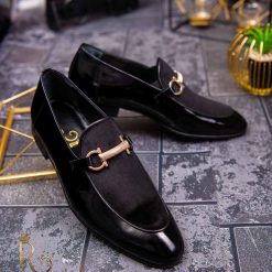 Pantofi Loafers de barbati negri din piele naturala si catifea P1394 5