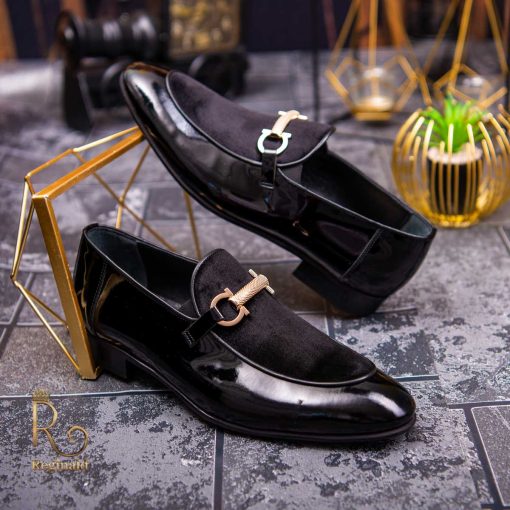 Pantofi Loafers de barbati negri din piele naturala si catifea - P1394-Pantofi