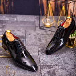 Pantofi cu siret barbatesti negri lacuiti one cut P1714 4