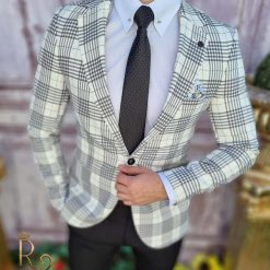 Sacou de barbati gri in carouri croiala Slim Fit SC638 2