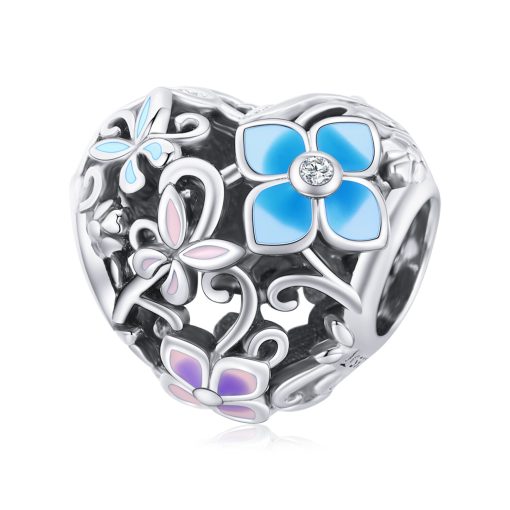 Talisman din argint Flowers and Butterflies Heart-Talismane >> Talismane din Argint (toate)