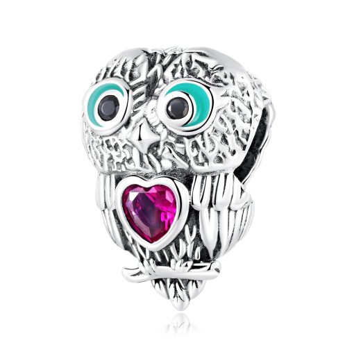 Talisman din argint Owl woth Pink Heart-Talismane >> Talismane din Argint (toate)