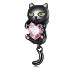 Talisman din argint Pink Hearted Black Cat-Talismane >> Talismane din Argint (toate)