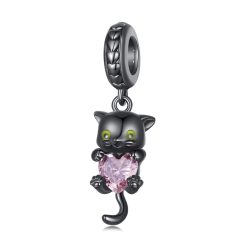 Talisman din argint Pink Hearted Black Kitty-Talismane >> Talismane din Argint (toate)