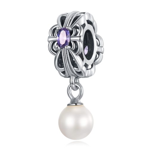 Talisman din argint Purple Flower Pearl Drop-Talismane >> Talismane din Argint (toate)