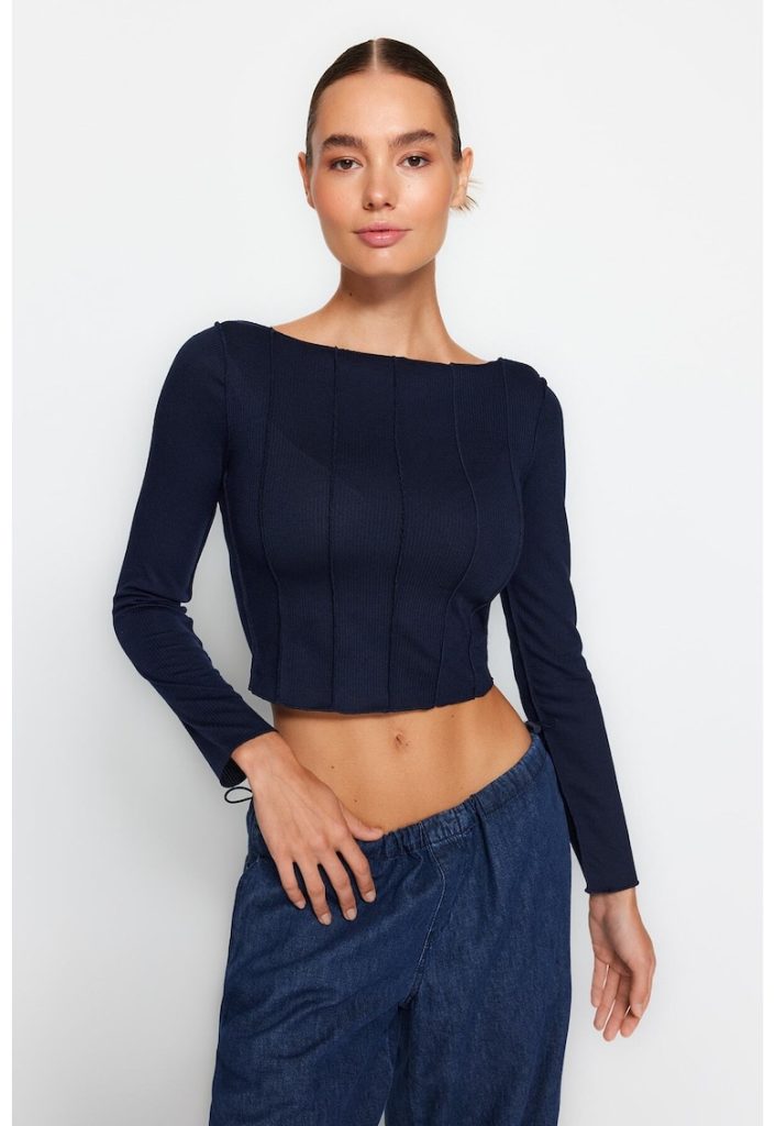 Bluza crop cu decolteu barcuta-FEMEI-IMBRACAMINTE/Bluze