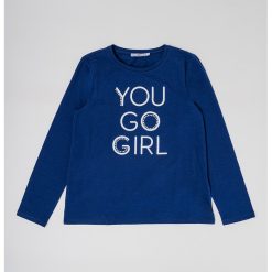 Bluza de bumbac cu decolteu la baza gatului si imprimeu text-FETE-IMBRACAMINTE/Bluze