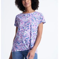 Bluza din amestec de modal cu model floral - maneci scurte si detaliu nod-FEMEI-IMBRACAMINTE/Bluze