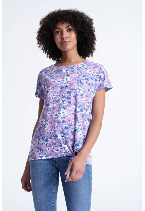 Bluza din amestec de modal cu model floral - maneci scurte si detaliu nod-FEMEI-IMBRACAMINTE/Bluze
