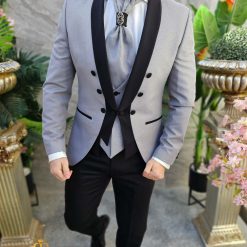 Costum gri NASMIRE Sacou Vesta Pantalon Cravata C4568 6