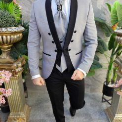 Costum gri NASMIRE Sacou Vesta Pantalon Cravata C4568 7
