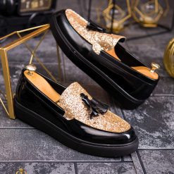 Mocasini de barbati casual negri lacuiti cu sclipici talpa inalta ultra usoara – AD702 3