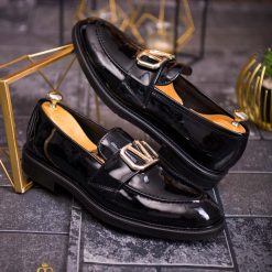 Pantofi de barbati Loafers din piele lacuita cu accesoriu P1831 4