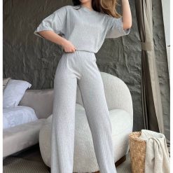 Set de bluza striata de bumbac si pantaloni - 2 piese-FEMEI-