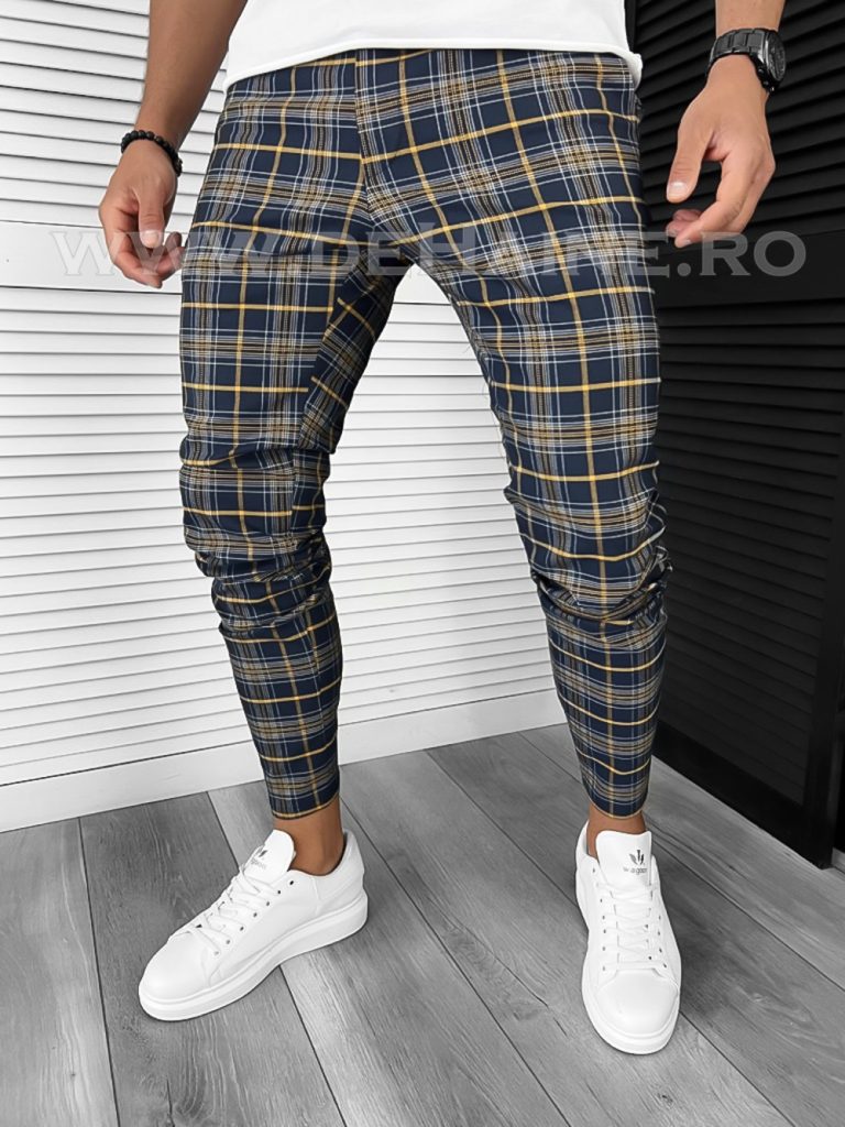 Pantaloni barbati casual regular fit bleumarin in carouri B7846 7-5 E ~ P18-3.3-Pantaloni > Pantaloni casual