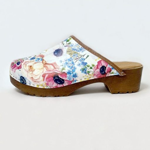 Saboti piele naturala Clogs alb-floral-Saboti dama-Saboti dama