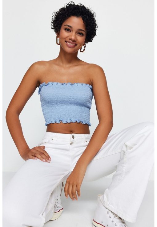 Top crop plisat fara bretele-FEMEI-IMBRACAMINTE/Bluze