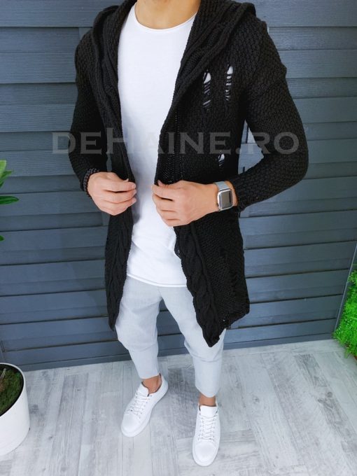 Cardigan barbati negru cu gluga slim fit ZR T3601 O3-6.3-Cardigan barbati