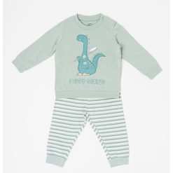 Pijama de bumbac cu imprimeu cu dinozauri-FETE-IMBRACAMINTE/Pijamale si halate de baie