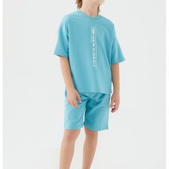 Set de tricou cu imprimeu text si pantaloni scurti -Turcoaz-BAIETI-IMBRACAMINTE/Seturi de imbracaminte