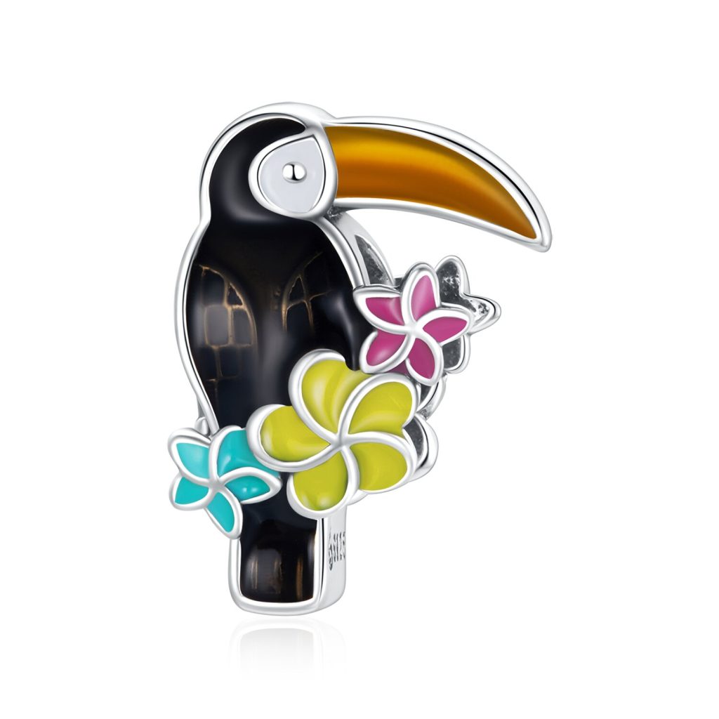 Talisman din argint Black Toucan with Flowers-Talismane >> Talismane din Argint (toate)