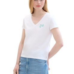 Tricou cu decolteu in V si broderie-FEMEI-IMBRACAMINTE/Tricouri si maiouri