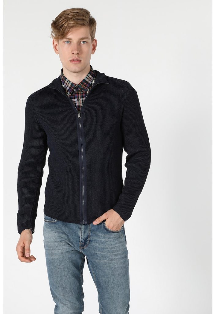 Cardigan slim fit cu fermoar si aspect striat-BARBATI-IMBRACAMINTE/Pulovere si cardigane