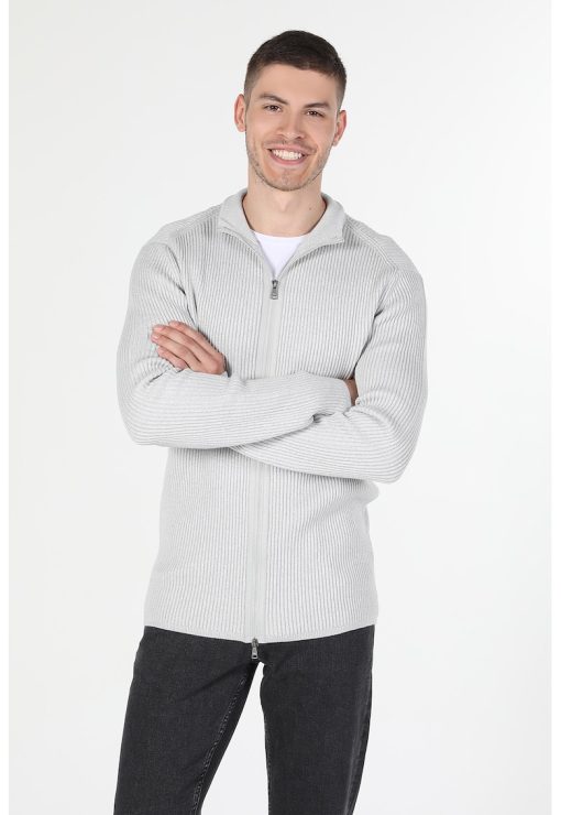 Cardigan slim fit cu fermoar si aspect striat-BARBATI-IMBRACAMINTE/Pulovere si cardigane