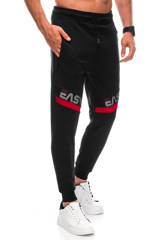 Pantaloni de trening cu talie medie si imprimeu text-BARBATI-IMBRACAMINTE/Pantaloni si colanti