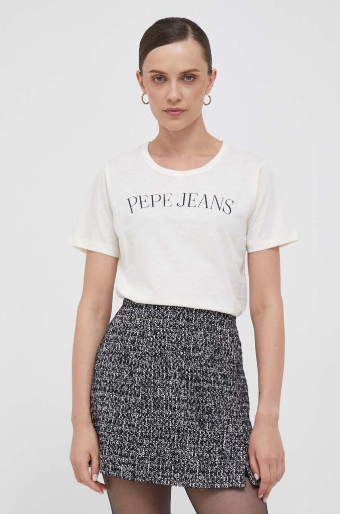 Pepe Jeans tricou din bumbac culoarea bej-Tricouri