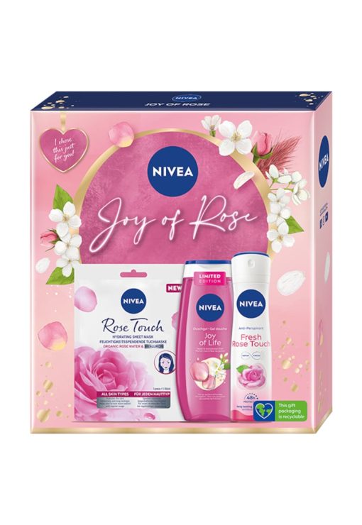 Set : Masca servetel Nivea Rose Touch - 1 buc + Gel de dus Nivea Joy of Life - 250 ml + Deodorant spray femei Nivea Fresh Rose Touch - 150 ml-FEMEI-