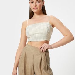 Top crop din amestec de in cu model gingham-FEMEI-IMBRACAMINTE/Tricouri si maiouri