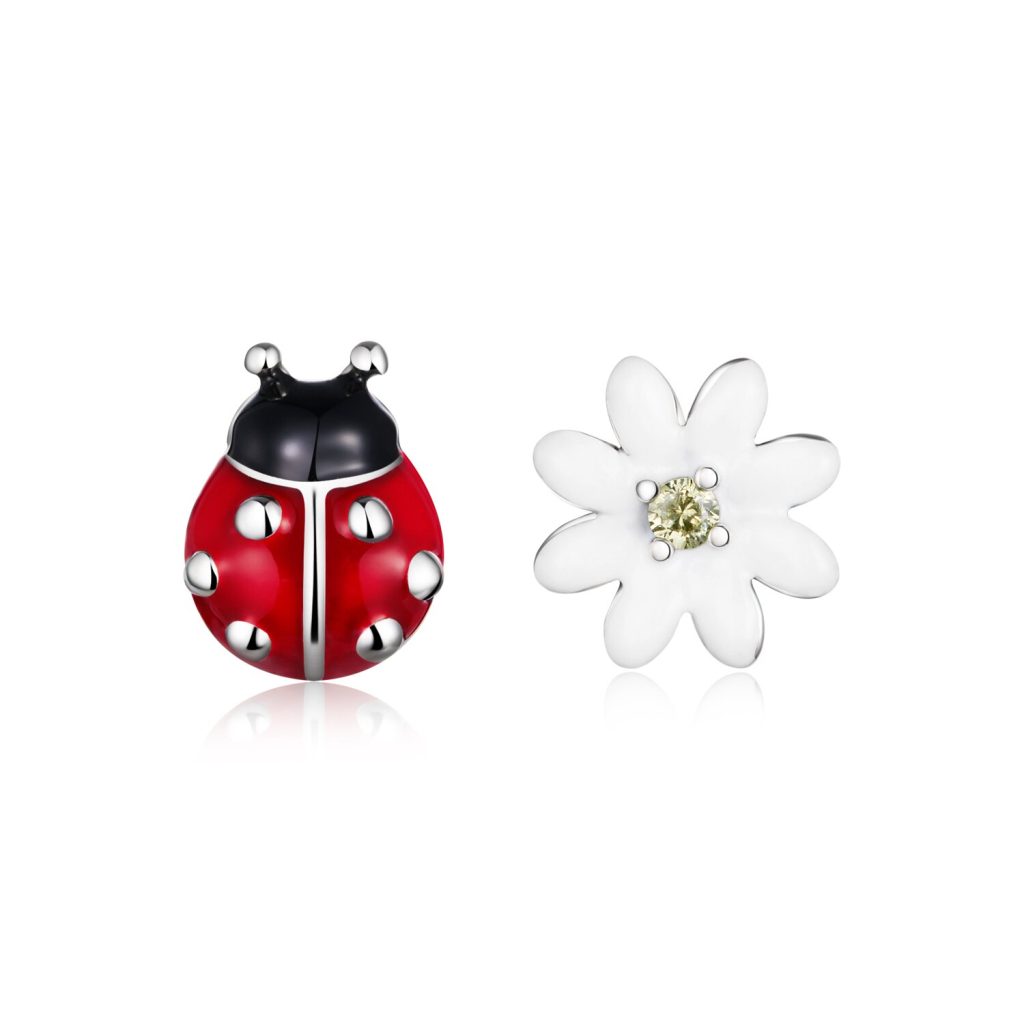 Cercei din argint Asymmetric Ladybug & Daisy-Cercei