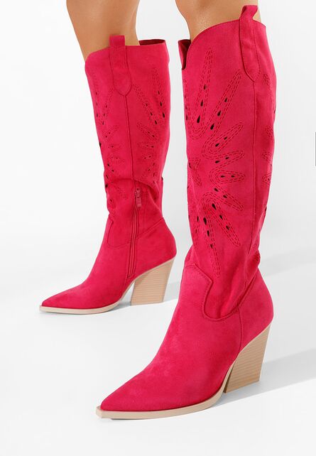 Cizme cowboy de toamna Ledora fucsia-Cizme cowboy dama-Cizme lungi cu toc