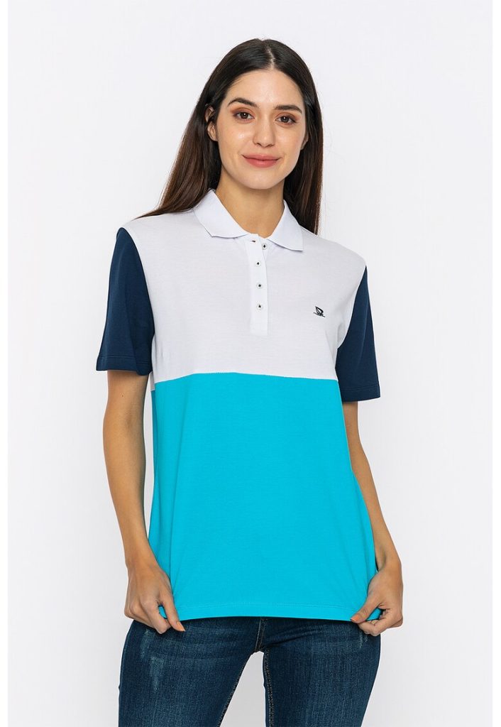 Tricou polo din bumbac cu model colorblock-FEMEI-IMBRACAMINTE/Tricouri si maiouri