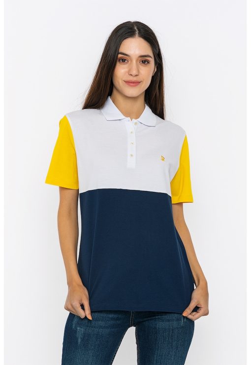 Tricou polo din bumbac cu model colorblock-FEMEI-IMBRACAMINTE/Tricouri si maiouri