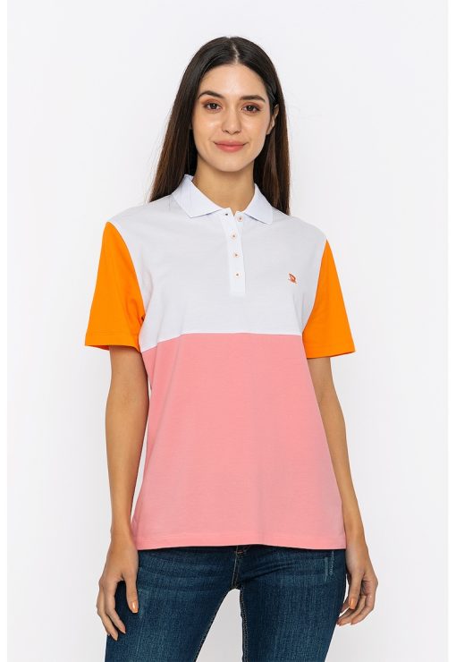 Tricou polo din bumbac cu model colorblock-FEMEI-IMBRACAMINTE/Tricouri si maiouri